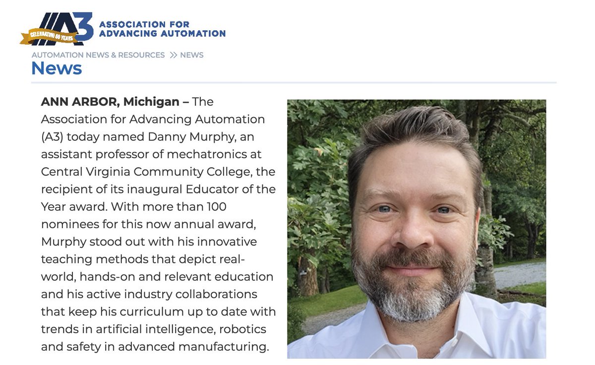 🎉 Virginia Prof. Danny Murphy wins inaugural #A3EducatoroftheYear Award. Murphy, assistant prof. of mechatronics at @CvccVa was chosen for his engaging, real-world, teaching & focus on collaboration. Get the details: hubs.la/Q02t4wbn0 @Siemens #Automate2024 #EducatorDay