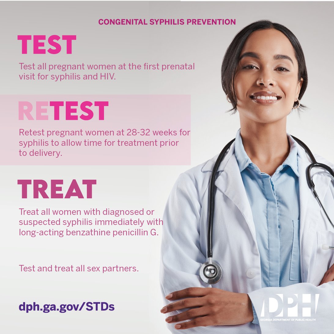 Did you know that congenital syphilis passes from mother to baby during pregnancy? Talk to your provider about testing. Learn more: dph.ga.gov/congenitalsyph… #TalkTestTreat #STIAwarenessWeek