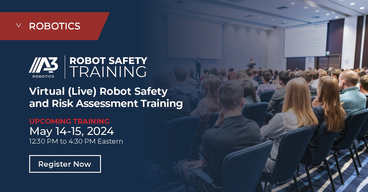 a3automate's tweet image. Get the training you need for a safer workplace. Join us for our next virtual Robot Safety and Risk Assessment Training session, Tues., May 14 and Wed., May 15. 

Get the details and register: &amp;gt; hubs.la/Q02sYR9-0

#RobotSafety #RobotSafetyStandard