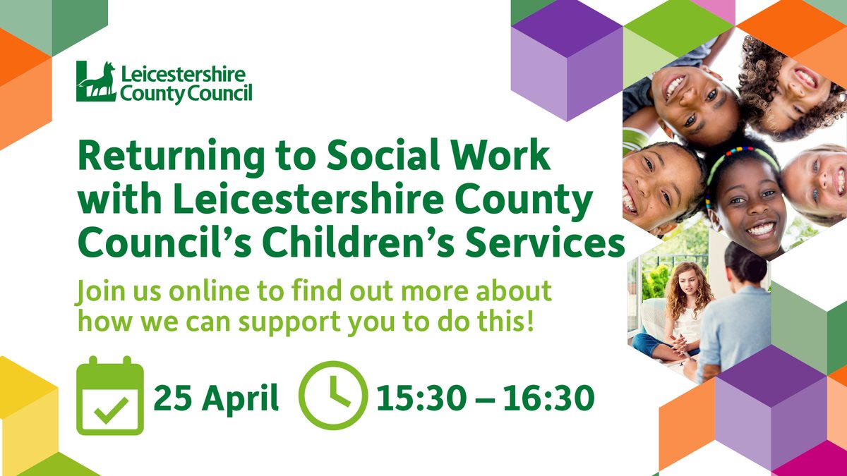 LeicsCountyHall's tweet photo. We have a free online event for people looking to return to social work.♥️ 

For more information or to sign up: https://t.co/Mo8kt6SHR1 https://t.co/7B32qeiMe1