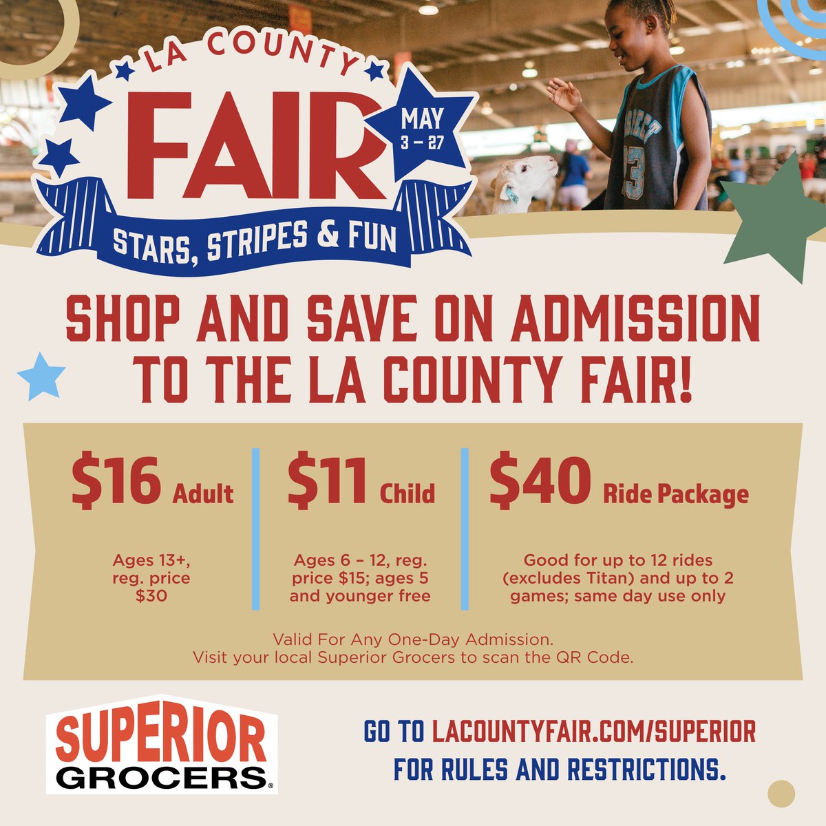 lacountyfair's tweet photo. Ready for some fun at the LA County Fair? Save on admission by stopping by any participating Superior Grocers! ๐ก
โญ More info: https://t.co/5YDfLuzVKl
#LACountyFair #SuperiorGrocers #StarsStripesFun https://t.co/bh9lAUbORW