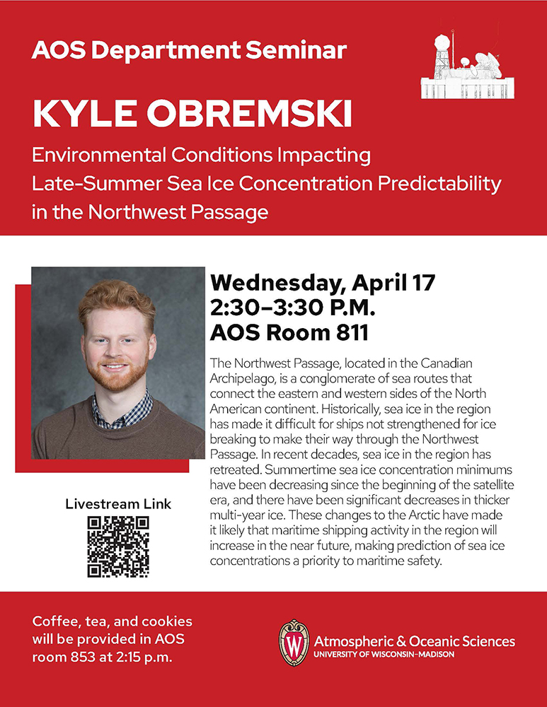 Join us today for our Department Seminar at 2:30! Kyle Obremski, AOS graduate student, will discuss 'Environmental Conditions Impacting Late-Summer Sea Ice Concentration Predictability in the Northwest Passage.' Watch online: youtube.com/watch?v=UHVRBd…