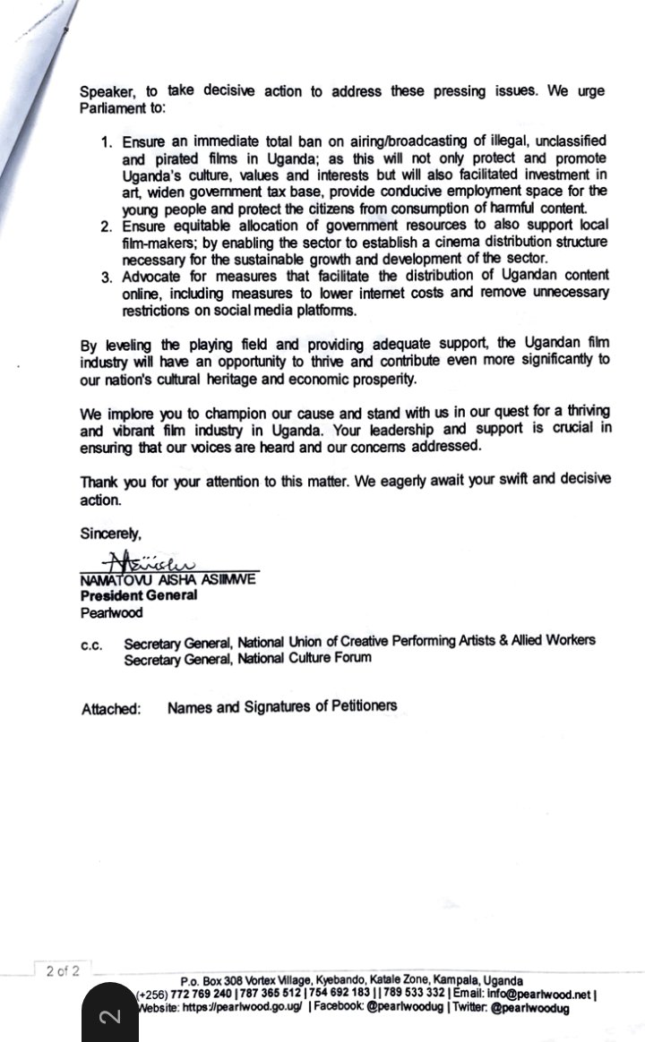 The film-makers petition to the Deputy Speaker of 🇺🇬 <a href="/Parliament_Ug/">Parliament of Uganda</a> was signed by over 150 Film-makers.

This was after several unfruitful engagements with all the respective government ministries &amp; agencies.

#EvilArtEra the next big generational fight.

<a href="/panaf_org/">PANAF</a>
2/2