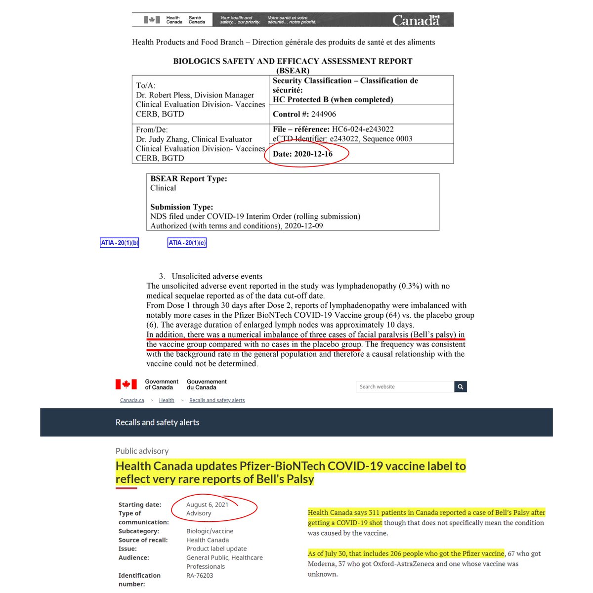 LOOK: An access to information request obtained by The Canadian Independent from Health Canada revealed that the agency was aware of cases of Bell’s Palsy during the approval process for the Pfizer-BioNTech COVID-19 vaccine. However, they waited over six months before notifying