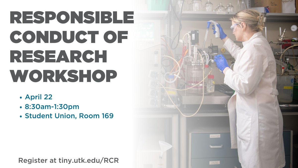 Build a solid foundation for your research career AND get a free lunch! This Monday, April 22, join the Office of Research, Innovation and Economic Development for the Responsible Conduct of Research Workshop (RCR). Learn more and register at tiny.utk.edu/RCR @ResearchUTK