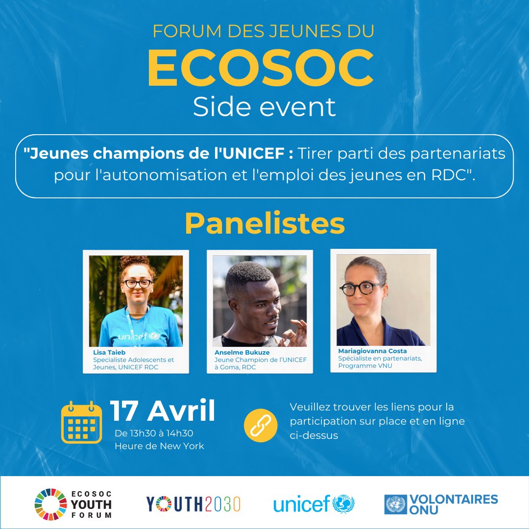 🌟🚀 Cela commence dans 30 minutes ! Rejoignez-nous avec Asmale Bukuze, Jeune Champion @UNICEFDRC, et @UNV_ROWCA pour discuter de l'importance d’offrir aux jeunes l’opportunité de façonner des solutions innovantes et durables. Pour vous connecter : uni.cf/4cVwSU9 🔗