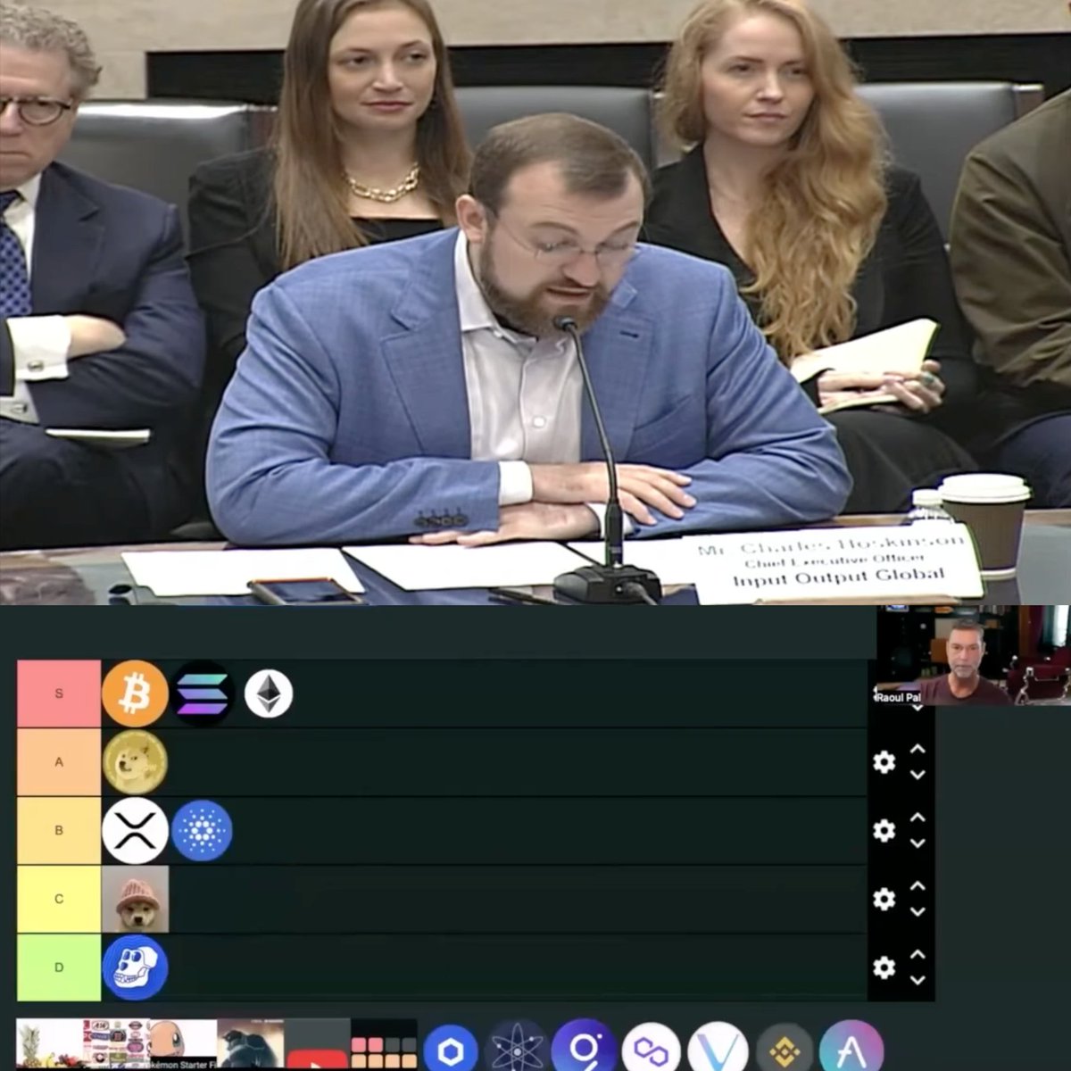 Note to self: Here is a picture of @IOHK_Charles supporting the ENTIRE crypto industry at a Federal US Senate hearing and here is a picture of @RaoulGMI saying 'Cardano is a meme coin' on @AltcoinDailyio Pick your team.