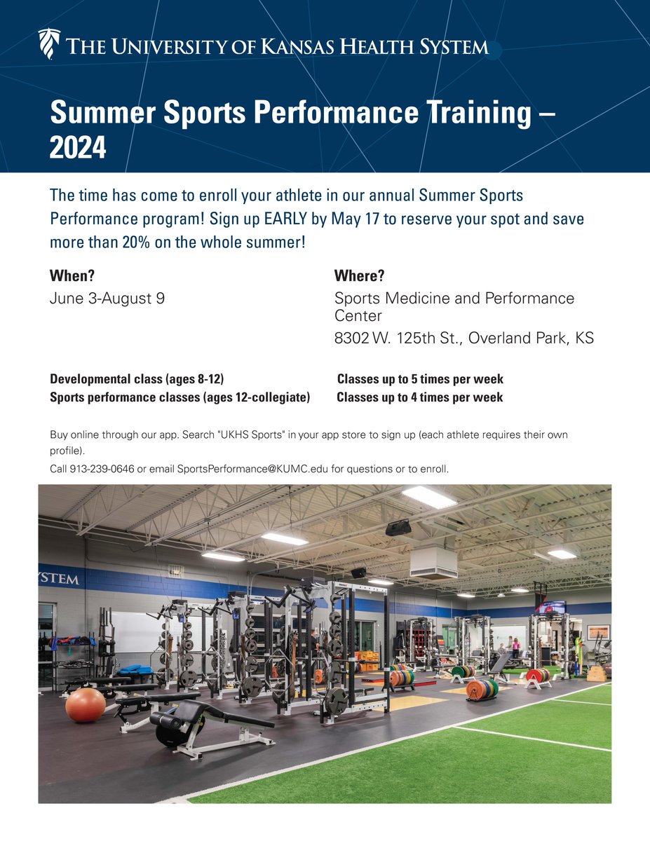 Summer is around the corner and so is Summer Sports Performance Training at our Performance Center. Register your youth, high school or collegiate athlete by May 17 and save more than 20%! Learn more bit.ly/4aVSvSt. Call 913-239-0646 for additional details.
