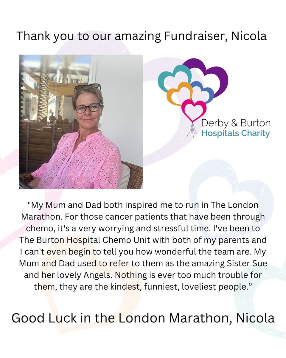 Nicola Cunningham, from Derbyshire, is running the London Marathon on Sunday, in memory of her Mum Pat Marston, who lost her battle with stage four metastatic bowel cancer in January 2023.  To sponsor Nicola, please visit her Just Giving page at justgiving.com/page/nicola-cu…