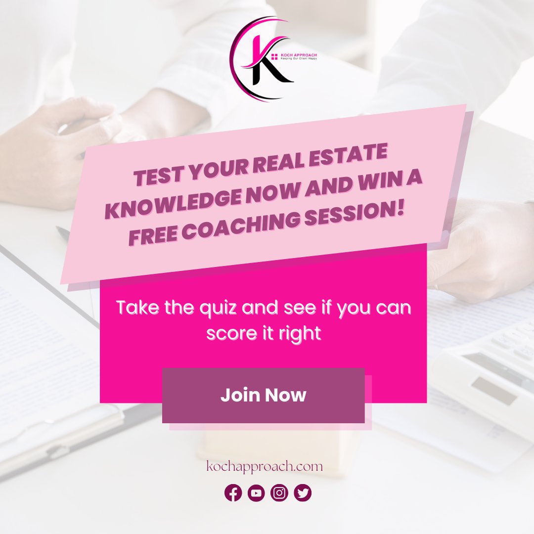 Think you have what it takes to dominate the market? 🤩 Take our quiz and put your knowledge to the test! Ace it and win a FREE coaching session. Comment your answer below!

#kochapproach #realestatecoach #successinrealestate #realestatecoachingandtraining
