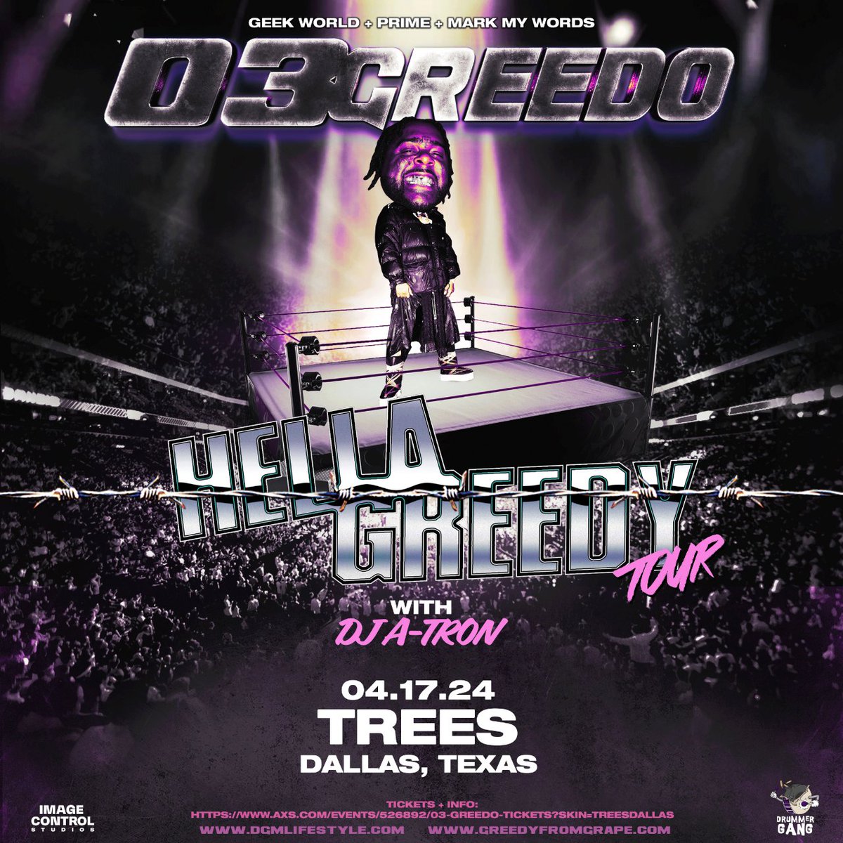 Collabin with Geekworld to bring out 03GREEDO, tonight in Dallas 😵‍💫🌎 04.17 Dallas // @03Greedo // Trees Grab tickets with link in bio.