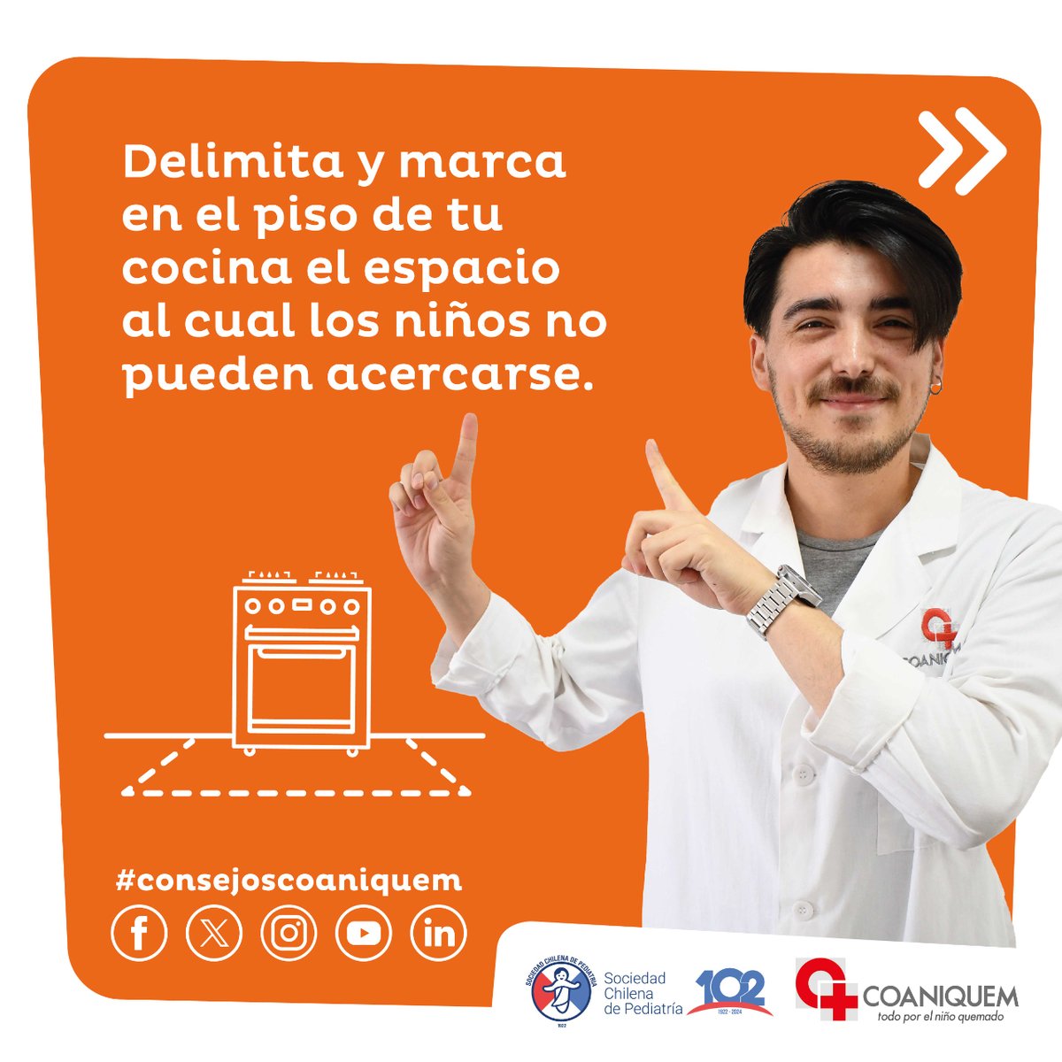 UN CONSEJO PARA EVITAR ACCIDENTES EN LA COCINA ⚠️ Los adultos tenemos un rol fundamental en la prevención de las quemaduras. Desde COANIQUEM y SOCHIPE te recomendamos “Delimitar y marcar en el piso de tu cocina el espacio al cual los niños no pueden acercarse” #coaniquem #sochipe