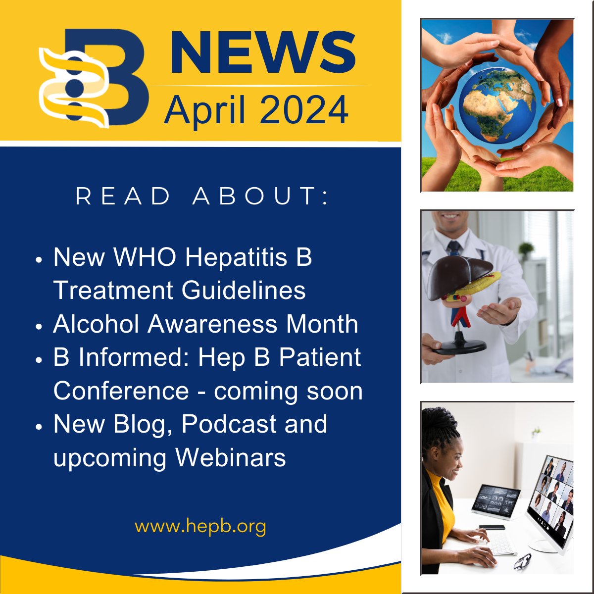 Check out the latest B-NEWS (April 2024 Edition) here ➡️ow.ly/njnO50Ril1r and learn how to connect with the Hepatitis B Foundation! Subscribe to our newsletter 📰 ow.ly/k3Hg50Ril1q #HepatitisB #AlcoholAwarenessMonth ❣️