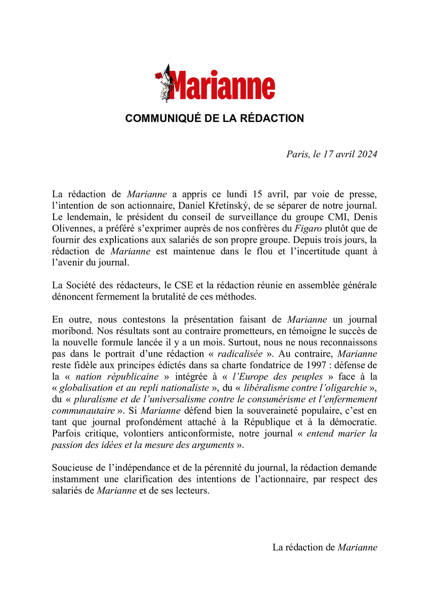 Un communiqué de la rédaction de <a href="/MarianneleMag/">Marianne</a>.