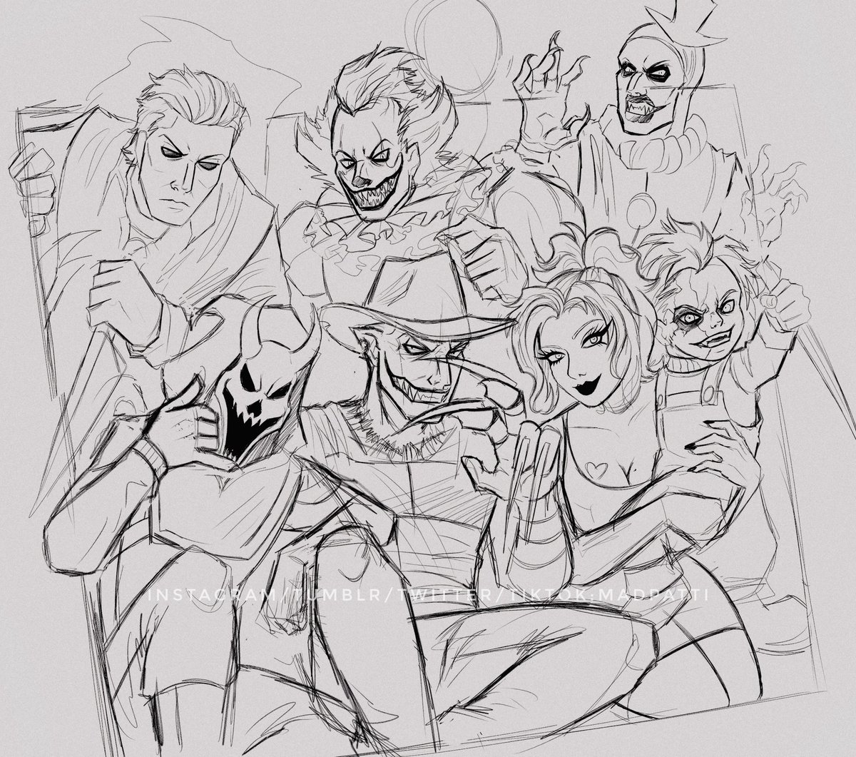 Was feeling a bit better today because I actually got some sleep for once. So I finished a sketch I started a while a go. A slasher/horror group picture 👀 I'm starting to feel better overall too so I should be back to post drawings again soon