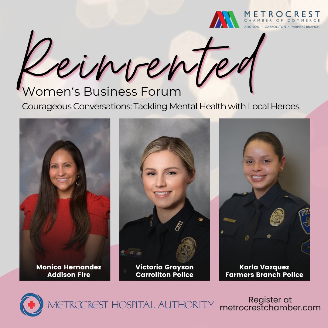 You won't want to miss hearing from our spotlight speakers on Friday, April 26th! ✨  

Register at metrocrestchamber.com

#womensbusiness #metrocrestchamber #womeninbusiness #addisontx #carrolltontx #farmersbranchtx