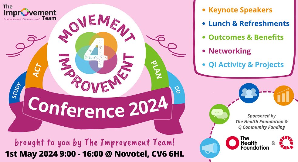 Two weeks until our 'Movement 4 Improvement' Conference 2024 - sponsored by @theQCommunity & @HealthFdn 🤗🙌

We have some fabulous keynote speakers lined up for the day @DrAmarShah #QI @Nadeem_Moghal #learningorganisation @asmith6 #plotthedots @apksachar @rcpsych #equity