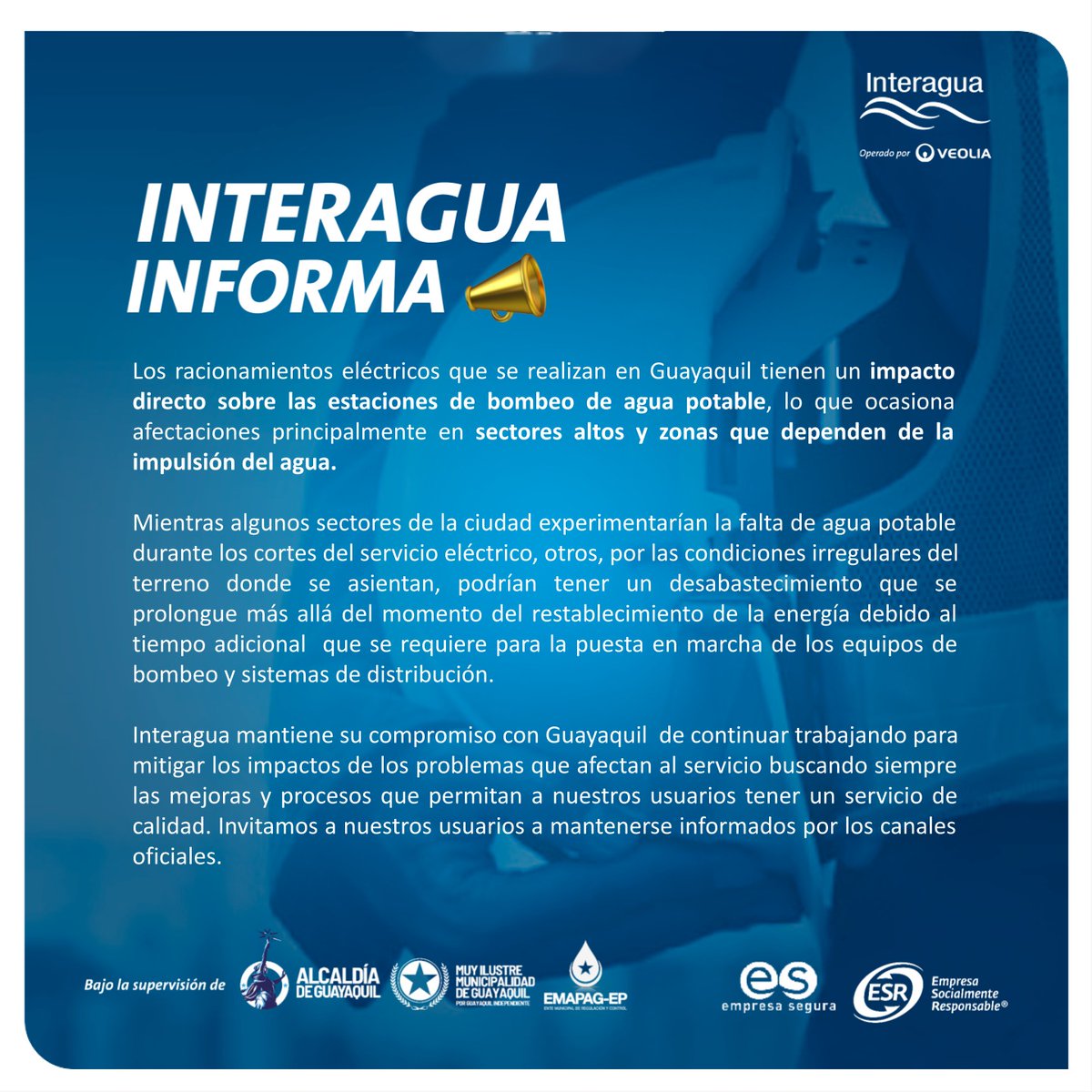 interagua's tweet photo. Informamos de a nuestra comunidad. 🔌🚱 Los racionamientos eléctricos en Guayaquil afectan la distribución de agua potable en sectores altos y dependientes de bombas de agua. ¡Estamos trabajando para minimizar los impactos y brindar un servicio de calidad! https://t.co/mgbvaztsVd