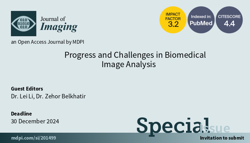 📢 Check out our latest special issue 'Progress and Challenges in Biomedical Image Analysis' in the Journal of Imaging @J_Imaging_MDPI. Explore cutting-edge research and innovations in BioMedIA. Learn more and submit your work here:  mdpi.com/journal/jimagi… #Imaging  #MedicalAI
