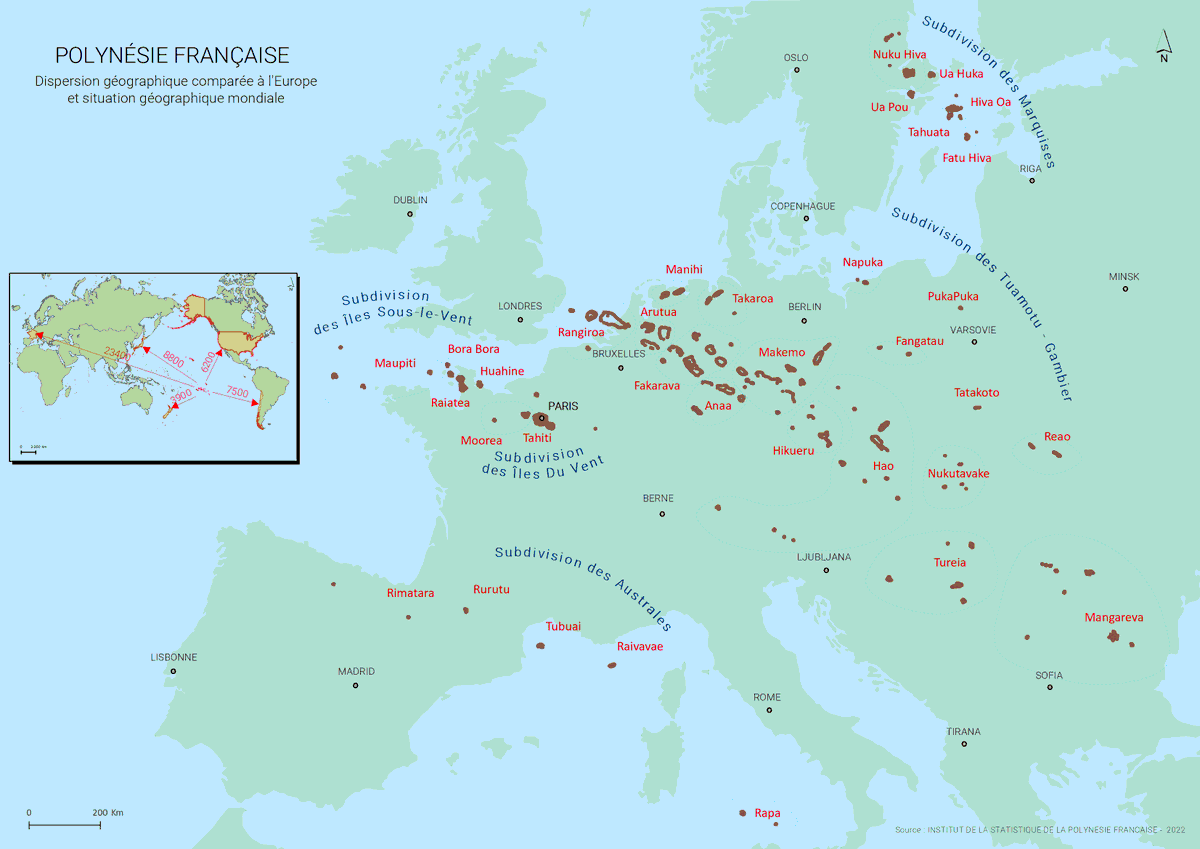 PerlesduParadis's tweet photo. [Le saviez-vous ?] La Polynésie française (PF) est un vaste territoire qui s'étend sur une superficie équivalente à celle de l'Europe. L'ISPF (Institut de la Statistique de PF), a publié une carte très explicite pour illustrer cette étendue. https://t.co/lXkwYPdAsa