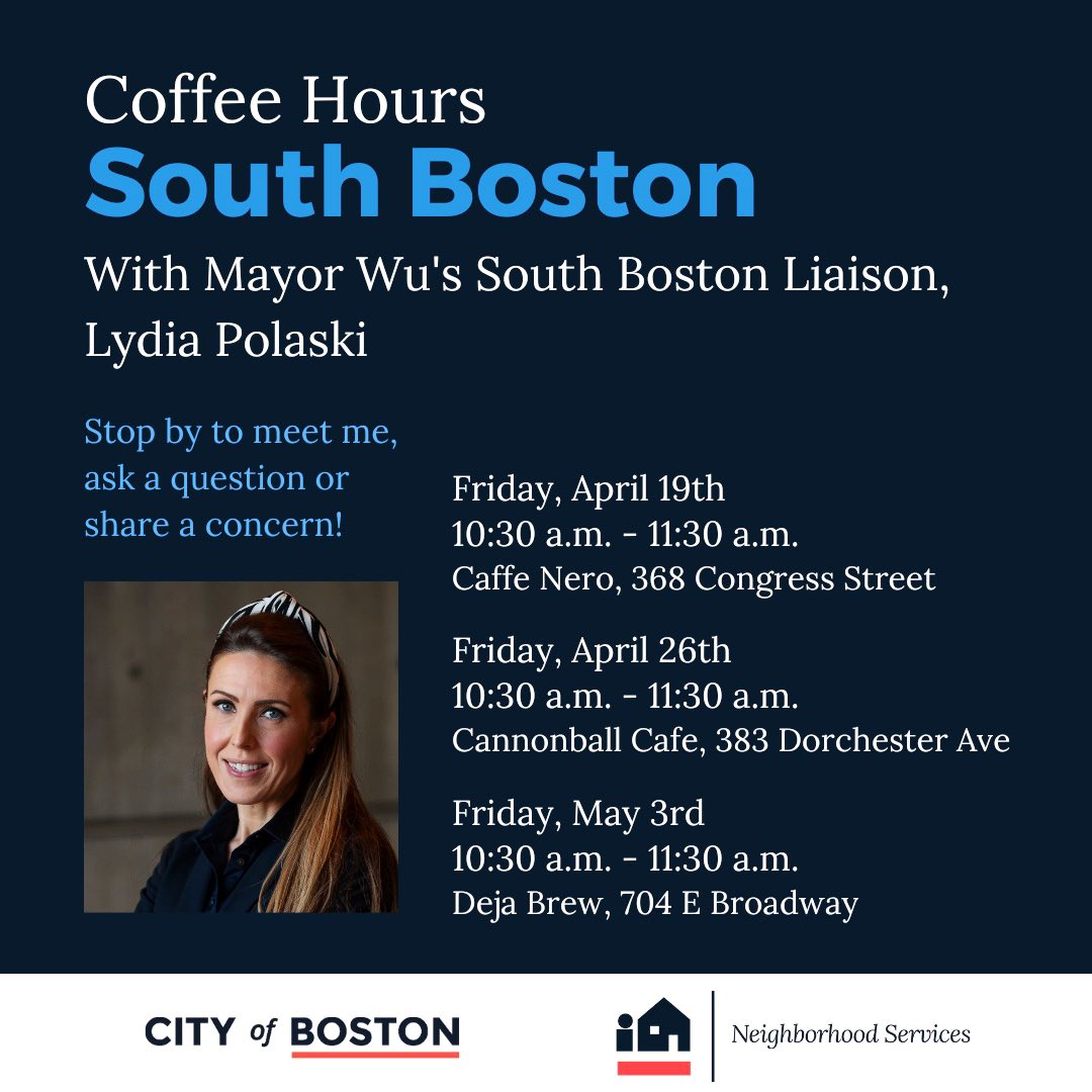 Coffee hour schedule ☕️ as always #SouthBoston looking forward to chatting 😊