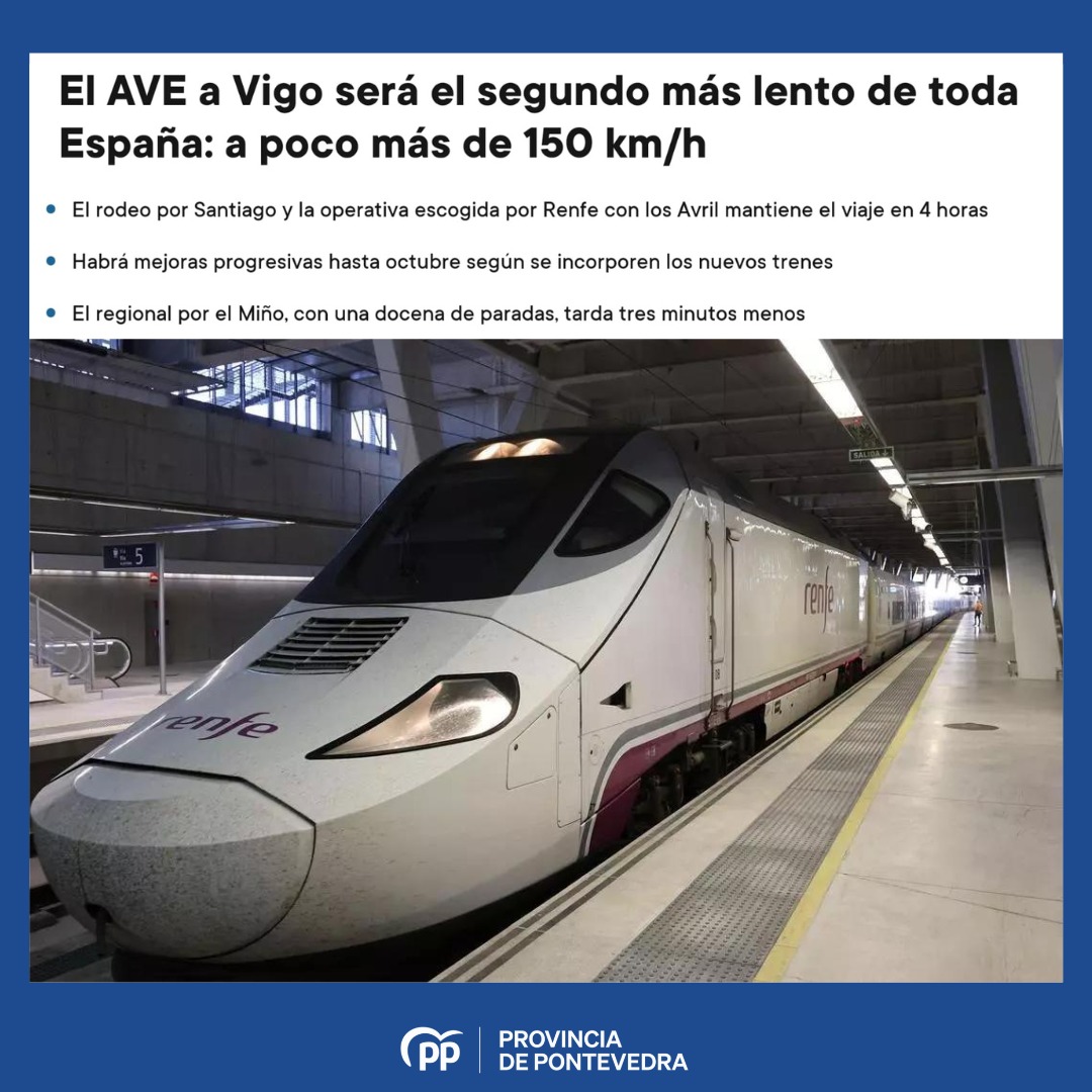 🔴Novamente o AVE a Vigo volve a supor unha decepción e unha falta clara de compromiso do Goberno central coa provincia de Pontevedra. ❌Máis de 4 horas de viaxe que quedan moi lonxe das 3.35h prometidas polo Ministerio de Transportes.