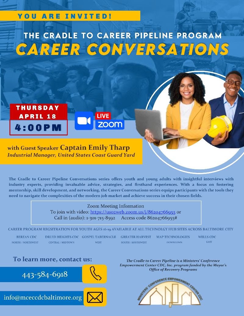 donnelleley's tweet photo. We are continuing our Career Conversation and we are inviting Capt. Emily Tharp, US Coast Guard, to our platform to share w/ us tomorrow at 4PM. The Port of Baltimore and the Coast Guard are two of major partners of our Cradle to Career Pipeline Program. Like, share and join us!! https://t.co/NrOclD3rCV