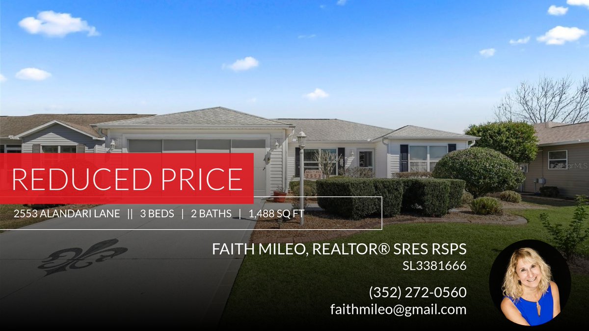 mrsmilezero's tweet photo. 📍 Reduced Price 📍 This recently reduced home at 2553 Alandari Lane in The Villages won't last long, so, don't wait to set up a showing! Reach out here or at (352) 272-0560 for more information!

Faith Mileo
Realtor®
SRES, RSPS
35... https://t.co/ei0nweFzXY https://t.co/P8bYF08Xr2