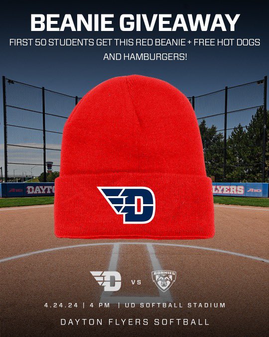 Only ONE WEEK AWAY from our annual cook out at UD Softball Stadium‼️✈️🥎 Come and get free hotdog and hamburgers throughout the game‼️🍔🌭 ALSO‼️ First 50 Students get a Dayton Flyer beanie‼️🔥