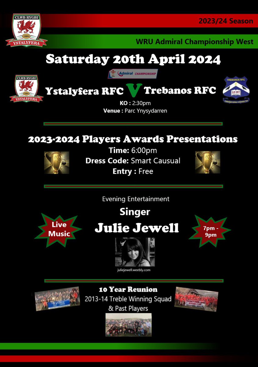 Upcoming Fixture We return home for 1st time in 6 weeks, after a few away games and what a cracker of a day planned. @ystalyferarfc V @TrebanosRugby 🏆 @WRUChampionship West 🗓️ Saturday 20th April 2024 🕝 KO 2:30pm 📍 Parc Ynysydarren, SA9 2ER @AllWalesSport