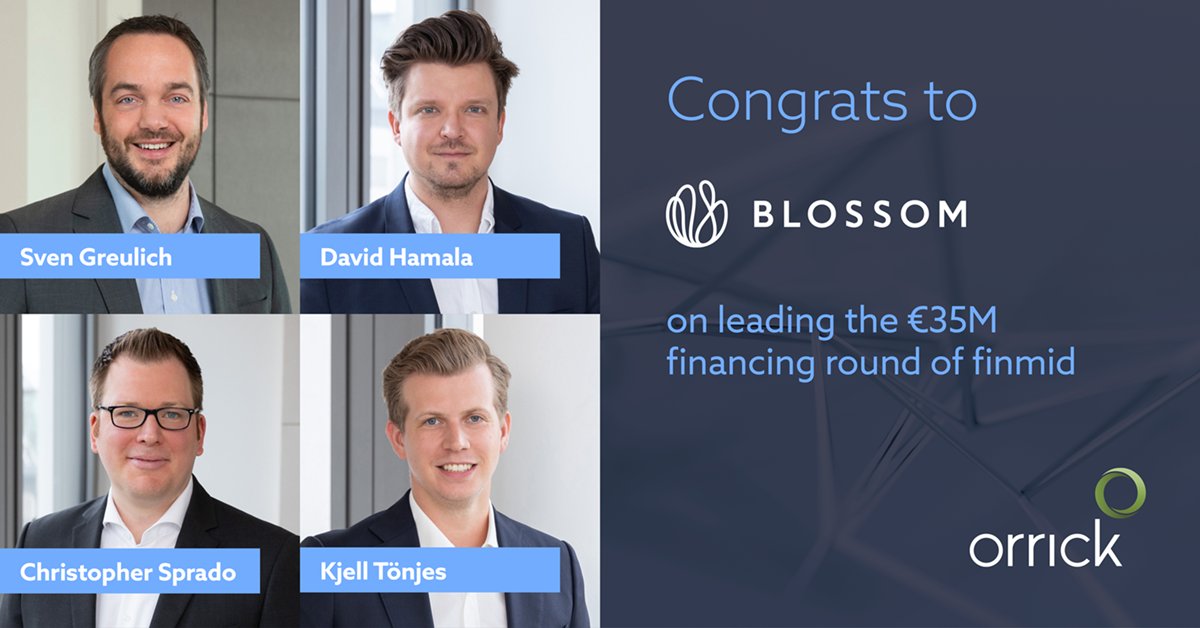 OrrickGermany's tweet photo. Congrats to Blossom Capital on leading the €35M financing of finmid, the Berlin-based fintech to revolutionize financing for SMBs across Europe.

Thumbs up also to the Orrick team incl. Sven, David, Christopher, Kjell &amp; further colleagues from our Düsseldorf &amp; Munich offices. https://t.co/s9k37NGM93