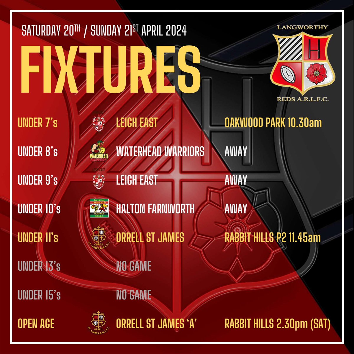 Bit of a quieter weekend ahead with a few teams without a game, but there’s still plenty of action to look forward to with the U7’s & U11’s at home on Sunday. The open age are also at home on Saturday for the 4th game in a row as they look to back up last week’s win #rugbyleague