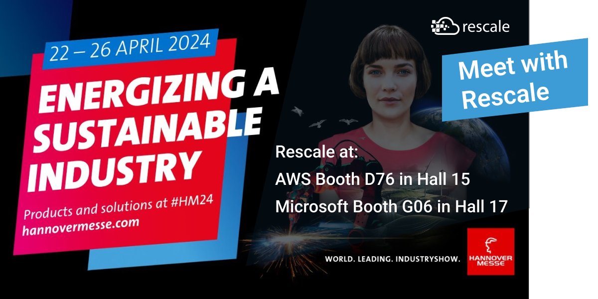 Join Rescale at #Hannover starting TODAY: bit.ly/49idbCZ Rescale is excited to be hosting sessions with our partners @awscloud and @Microsoft, showcasing how customers are achieving breakthroughs in product design, production optimization, and overall efficiency. #HM24
