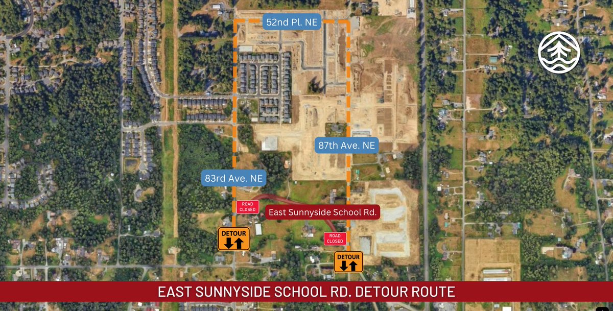 ⚠️ROAD CLOSURE: East Sunnyside School Rd. is expected to be closed for two weeks (4/29-5/10) between 83rd Ave. NE & 87th Ave. NE. A detour route will be in place (map below). We appreciate your patience while our crews install a new sanitary sewer main.