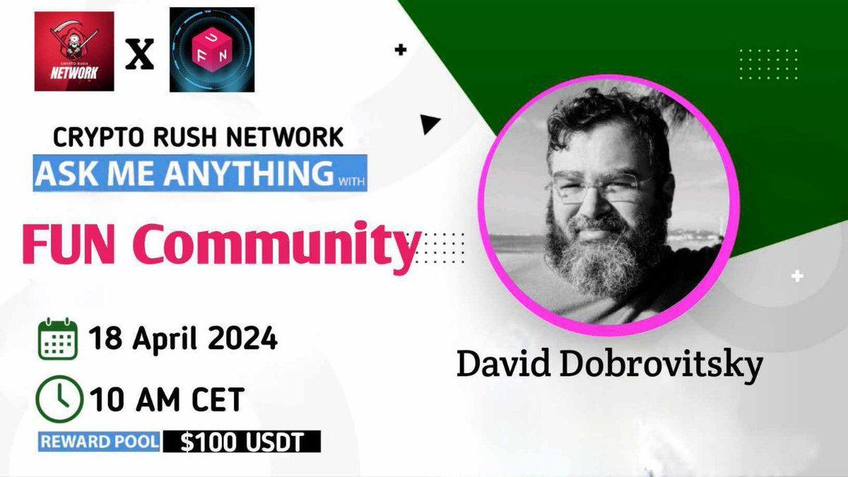 1️⃣ Crypto Rush AMA Session by @cryptoRUSH_X 🗓️ April 18, 10:00 CET 👨‍💻 Guest: David Dobrovitsky 📍 Venue: t.me/CRYPTO_RUSH_NET 💰 Reward Pool: 100 $USDT 🔗 Details: Dive into a comprehensive discussion on FUNToken's role in Web3, community Q&A, and more!