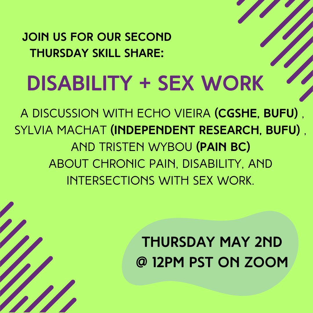 Part 2 of our skill-share series for s*x workers is coming up! This month's session features a discussion about chronic pain, disability, and intersections with sex work. 📅 - Thursday May 2nd ⏰️ - 12pm PST 📍- On Zoom Register here: us02web.zoom.us/meeting/regist…