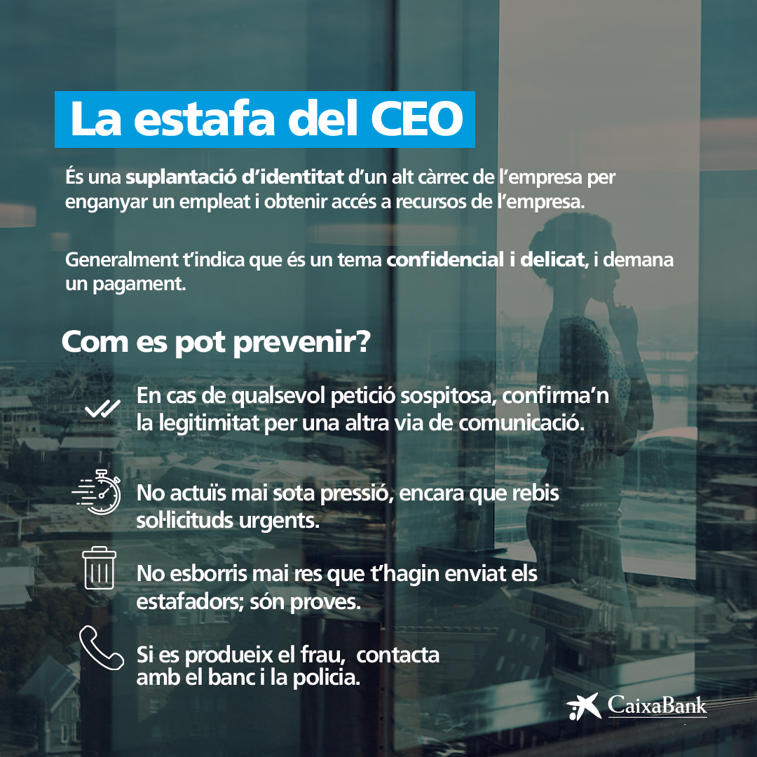 Conèixer els diferents tipus d’estafa, saber com es produeixen i com cal actuar en cas que tinguin lloc són els primers passos per prevenir la suplantació d’identitat a les empreses, com l’estafa del CEO. Més👉ow.ly/bq2O50RiogN Contra el🕵️#ciberfrau👉🛡 #ciberseguretat