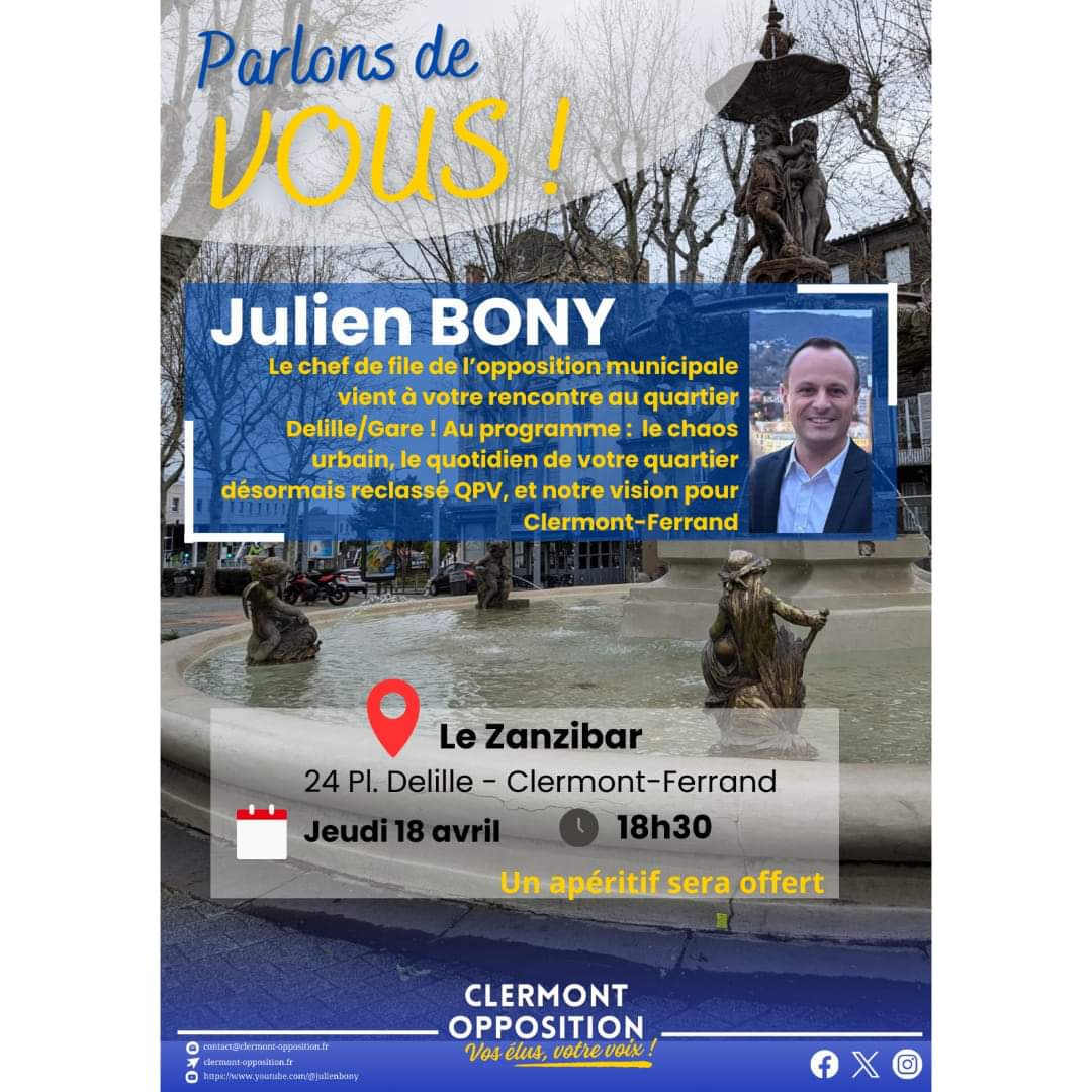 OppositionCFd's tweet photo. 📣 #ParlonsDeVous demain au quartier Gare-Delille avec @JulienBony ⬇️
📍Le Zanzibar
🕡 18h30 https://t.co/rjXIaUzIhm