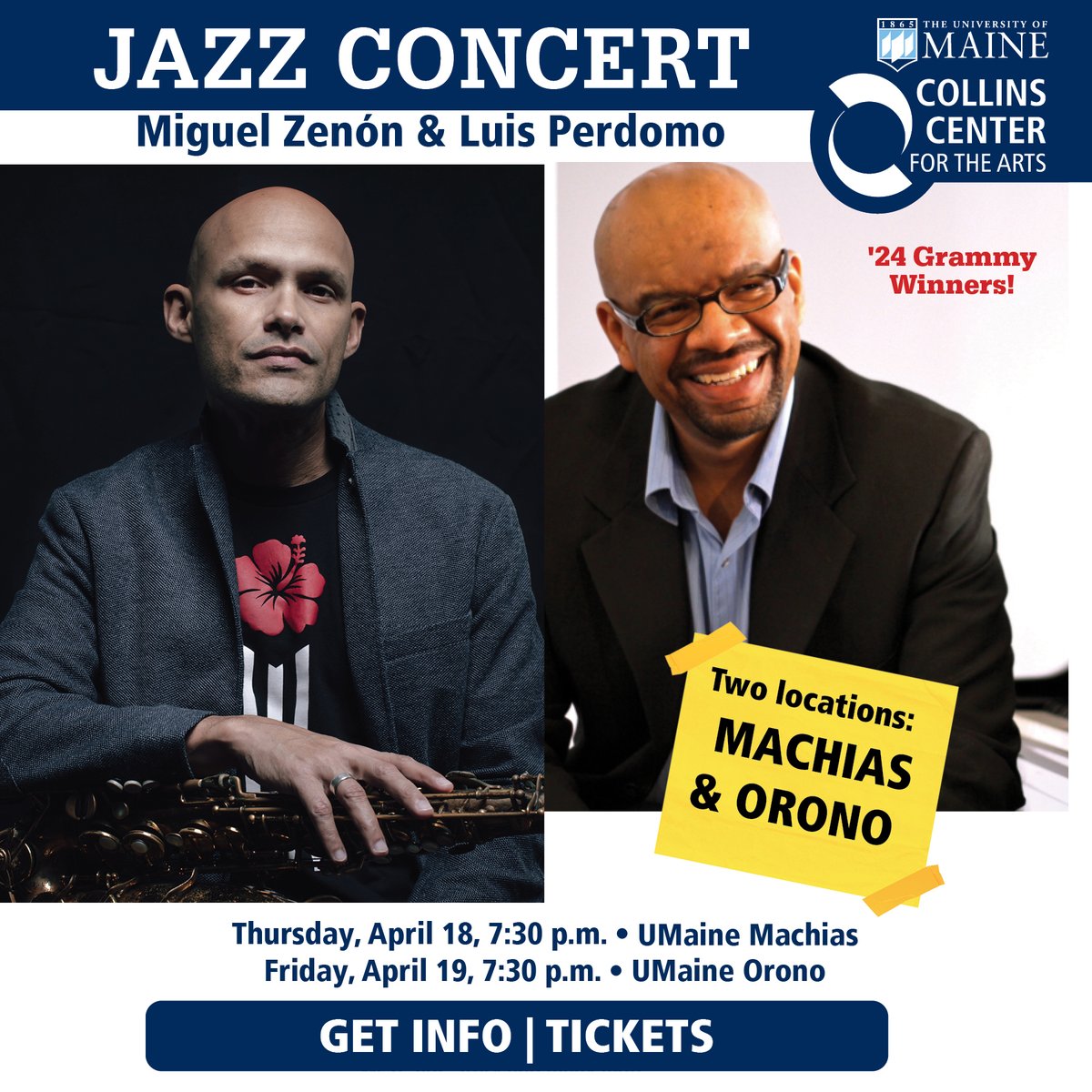 LOVE JAZZ or just want to hear great music? Two Grammy winners are heading to Maine to perform concerts in Orono and Machias. See Miguel Zenón &amp; Luis Perdomo live on April 18 &amp; 19. bit.ly/3vXHH7e