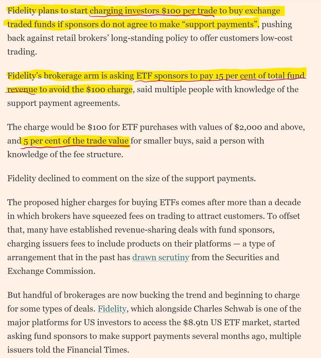 Big news z branży asset management. Fidelity zamierza chargowac klientów detalicznych $100 za zakup ETFów od providerów, którzy nie wejdą do programu partnerskiego, który z kolei wiąże się z kickbackiem 15% mgmt fee.