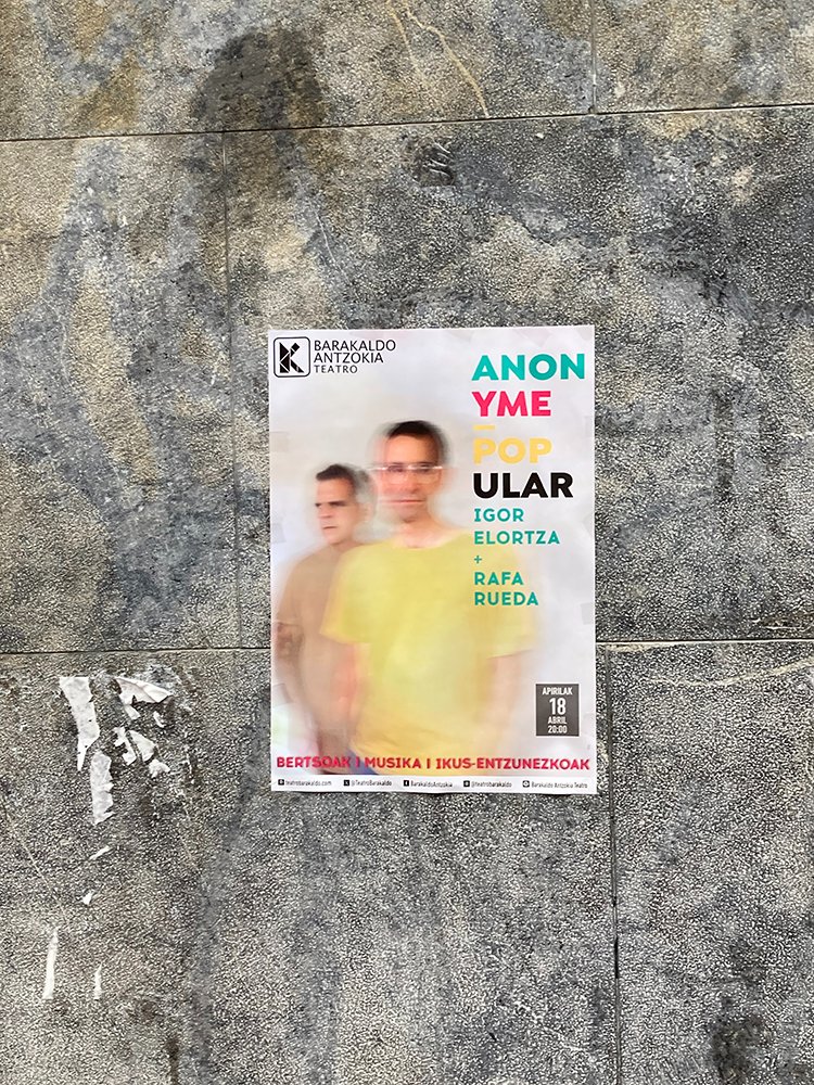 Ostegun honetan, Barakaldo Antzokiko 360º zikloak Anonyme Popular aurkeztuko du.
Bertsoak, poesia eta musika Igor Elortza eta Rafa Ruedaren eskutik. Bakarkako gaietatik taldekora arteko bidaia ikus-entzunezko paisaiekin.