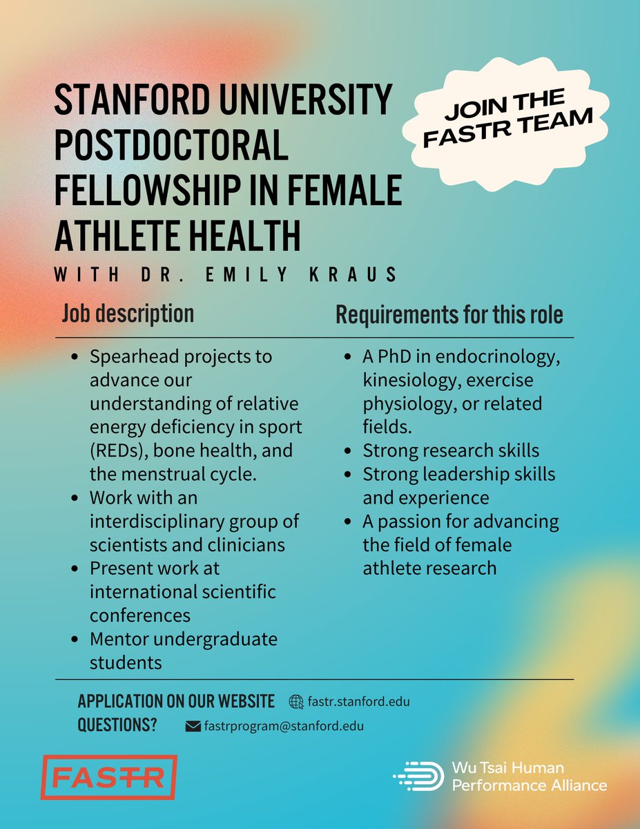 We're Hiring! 

The FASTR Team is accepting applications for a Postdoctoral Fellowship in female athlete health and performance. 

Apply here: postdocs.stanford.edu/prospective/op…