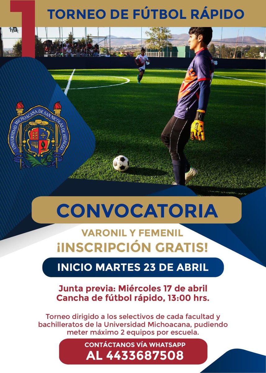 Aviso importante para la comunidad nicolaita. Está en puerta el primer torneo de fútbol rápido que organiza la Universidad Michoacana de San Nicolás de Hidalgo y no puedes quedarte fuera. #HumanistaPorSiempre #UMSNH