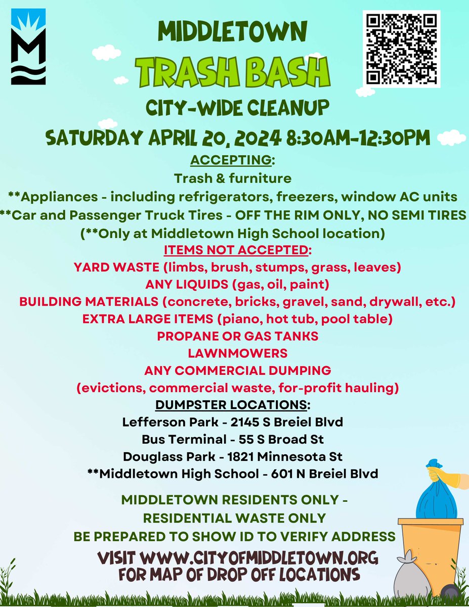 We've got answers to your Trash Bash FAQ! (a thread)

The Middletown Trash Bash Citywide Cleanup is happening THIS SATURDAY, April 20, 2024 from 8:30 a.m. to 12:30 p.m. at four locations across the city: The bus terminal, Douglass Park, Lefferson Park, and Middletown High School.