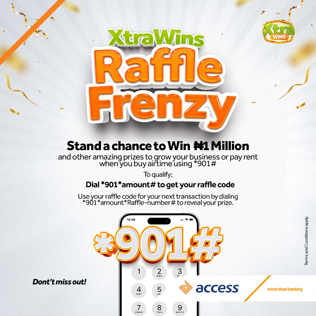 Win up to a MILLION NAIRA with XtraWins! Buy airtime using *901# and win big in the XtraWins raffle frenzy! Don’t miss out, dial *901*amount # to get your raffle code! #AccessMore #XtraWins #MoreThanBanking