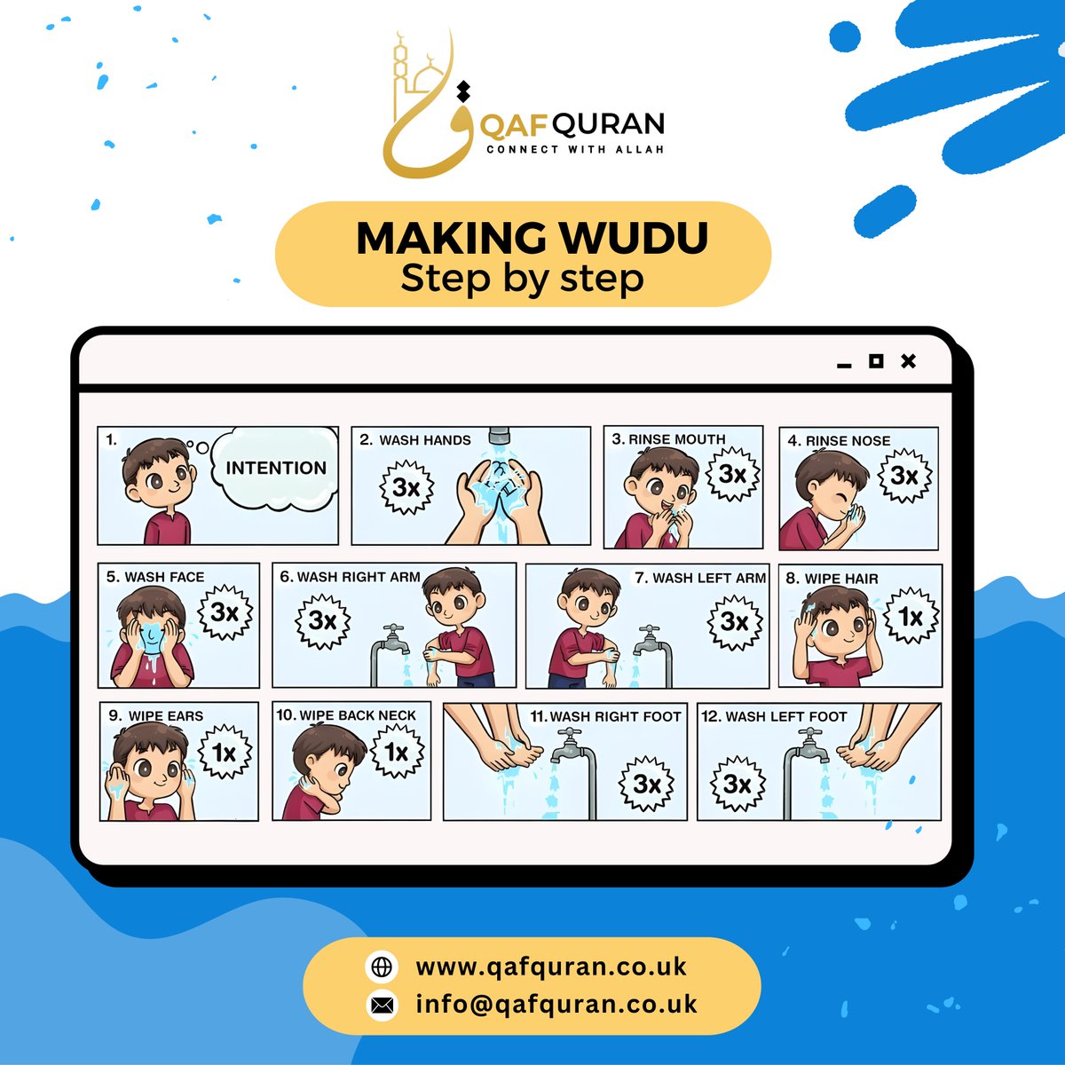 QafQuranUk's tweet image. "Starting your day with a clean heart and pure intention! Learn the step-by-step guide to performing Wudu (ablution), a fundamental practice in Islam that prepares us for prayer and spiritual growth.
- #Wudu
- #Ablution
- #IslamicPractices
- #MuslimLife
- #SpiritualCleansing