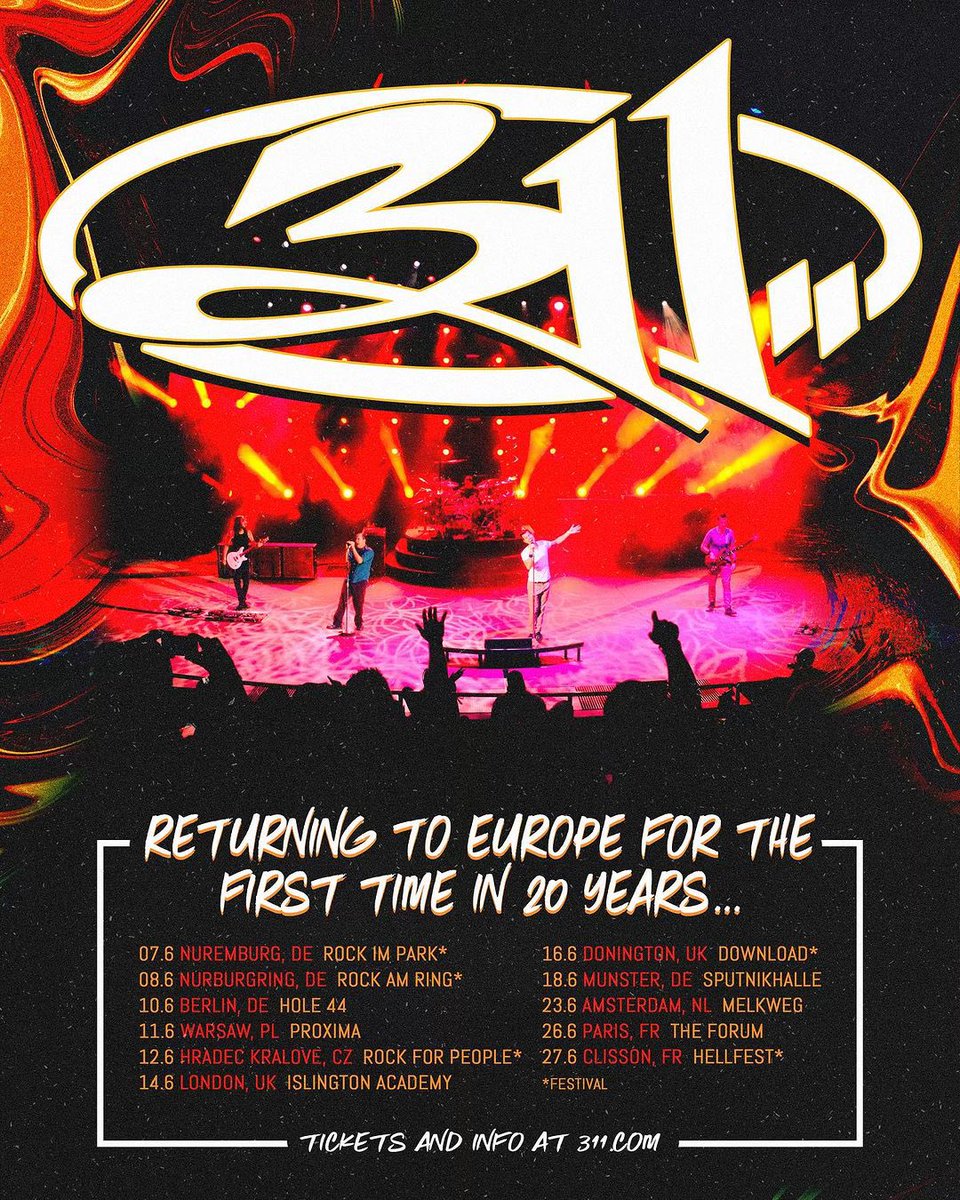 Our European tour is approaching FAST! We can’t wait to be back with you all for the first time in a very long time ❤️ Get tickets now for all festivals + headline shows at 311.com/tour