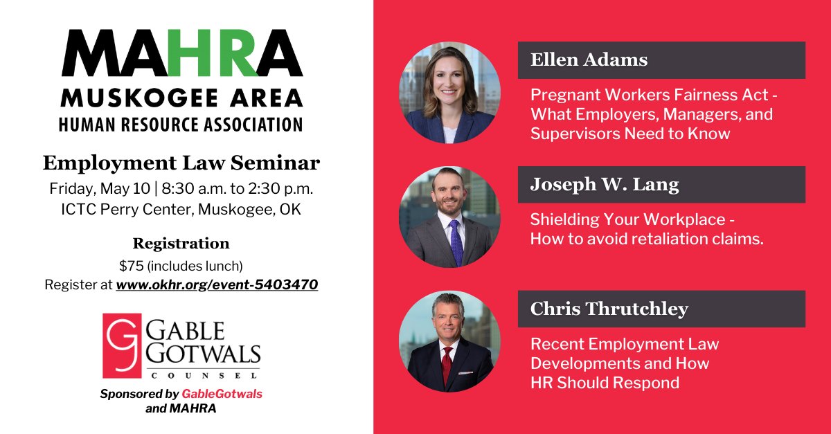 Join us at the Muskogee Area Human Resources Association's Employment Law Seminar on Friday, May 10. The program will cover several hot topics including the latest advancements in marijuana testing technology. For more information and to register, visit: ow.ly/s2hj50RioBX