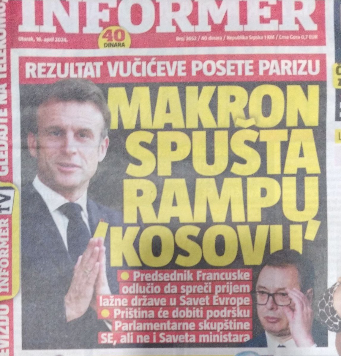 📢‼️МАНИПУЛАЦИЈЕ @predsednikrs @avucic ВУЧИЋЕВИХ МЕДИЈА👇 Макрон због неколико десетина милијарди поклон послова на рачун Србије, одложиће пријем Косова у Савет Европе. То значи, чак и ако дође до одлагања, након београдских избора поново ће вратити Приштину на дневни ред и…