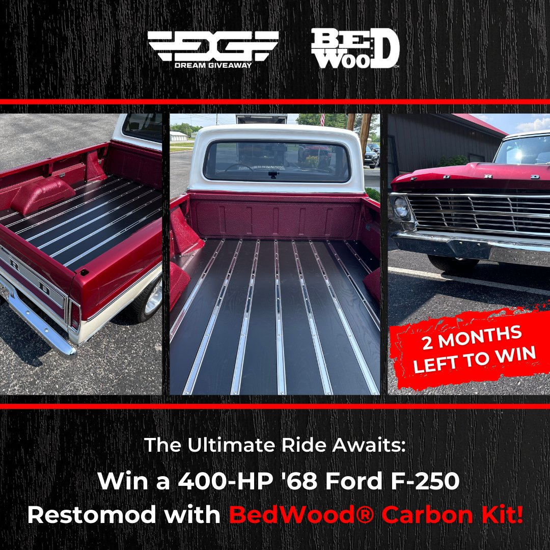 2 months left to win a '67-'72 Ford F250 Style Side with BedWood® Carbon Kit! Support veterans &amp; children's charities. 🫶

Use code BW0723K. Enter now: bit.ly/45cE0r9

#BedWood #CarbonKit #DreamGiveaway
